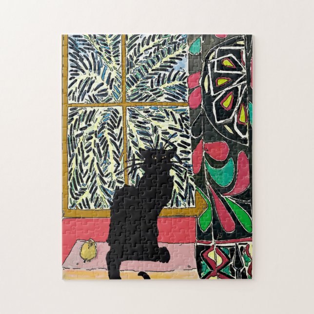 Quebra-cabeça Janela Palmeira, Gato Preto (Vertical)
