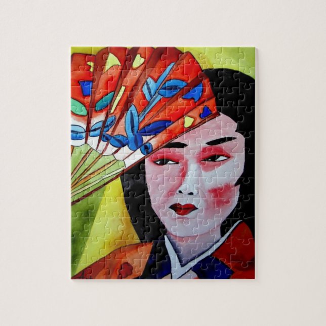 Quebra-cabeça japonês Geisha com fã de pintura de arte original (Vertical)