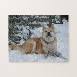 Quebra-cabeça Japonês vermelho bonito akita na neve com rato