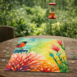 Quebra-cabeça Jardim Colorido de Aquarela Floral com Beija-Flor