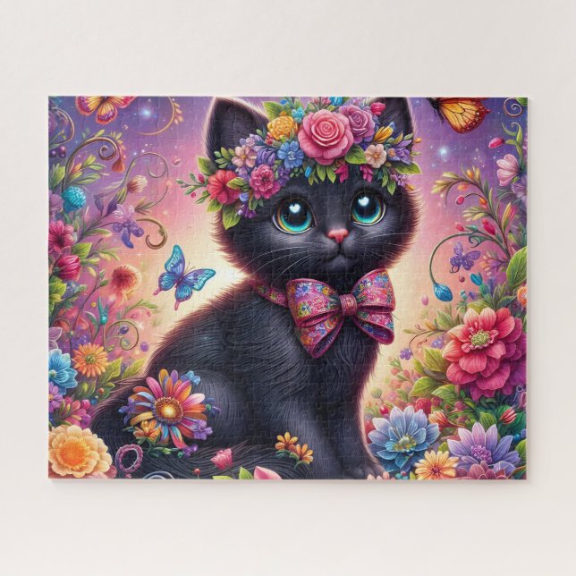 Quebra-cabeça Jardim de Flores de Gato Preto Fofo (Horizontal)