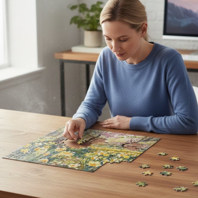 Quebra-cabeça Jardim de Narcisos Dourados em Aquarela  (Spring forest puzzle brings the outdoors to your desk.)