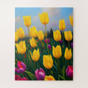 Quebra-cabeça Jardim de Tulipas Amarelas Pintura a Óleo, Quebra-