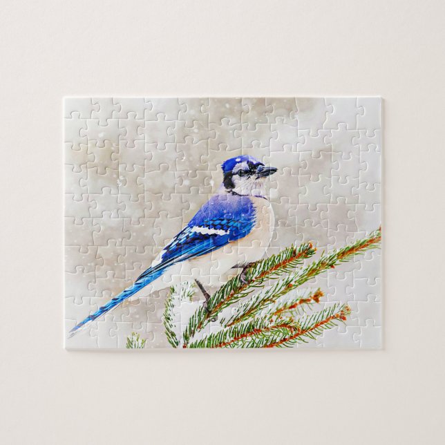 Quebra-cabeça Jay azul em um pinheiro com neve (Horizontal)