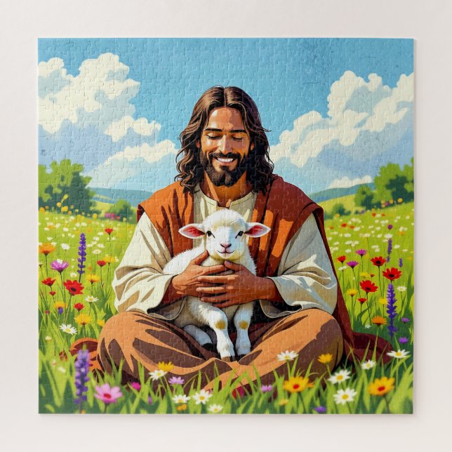 Quebra-cabeça Jesus segurando um Cordeiro | Religioso Cristão (Vertical)