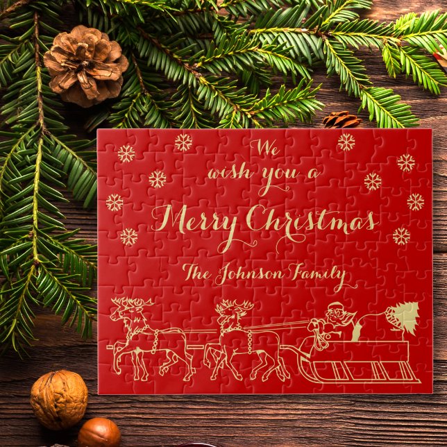 Quebra-cabeça Jogo Personalizado da Família Presente de Natal Ve (Personalized Christmas Gift Family Game Red Gold Jigsaw Puzzle)