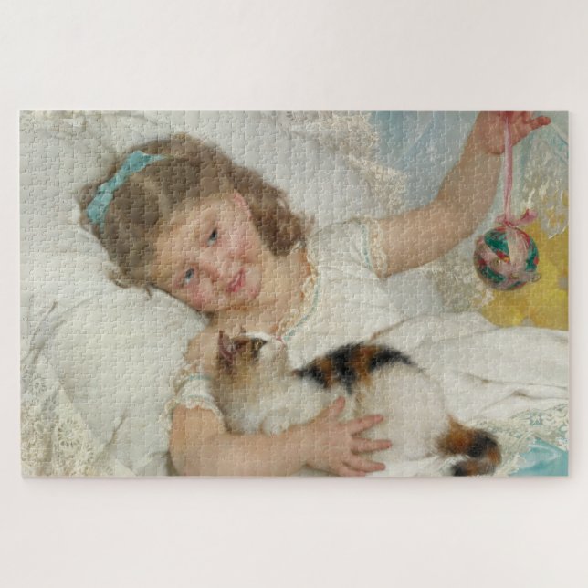 Quebra-cabeça Jovem Doce Menina Brincando com Seu Gato de Estima (Horizontal)