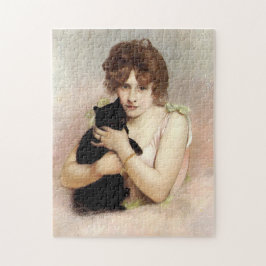 Quebra-cabeça Jovem Mulher Segurando Gato Preto Pintura de Baila