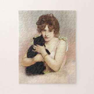 Quebra-cabeça Jovem Mulher Segurando Gato Preto Pintura de Baila