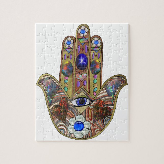 Quebra-cabeça Judaica Hamsa Hearts Flowers Opal Art Impressão (Vertical)