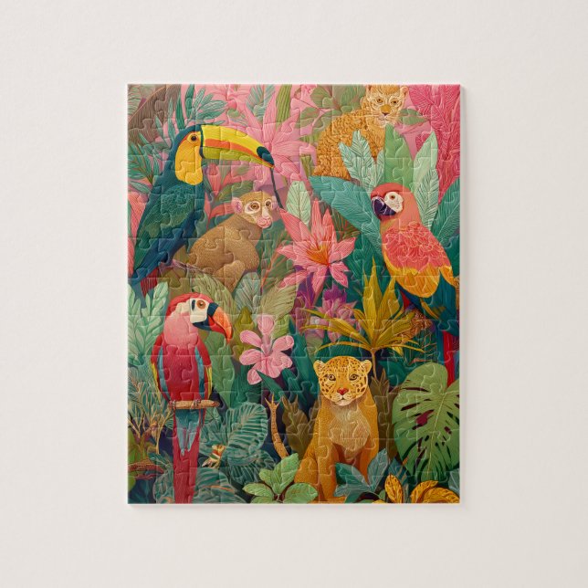 Quebra-cabeça Jungle Animals Puzzle – Leopard and Tropical Birds (Vertical)