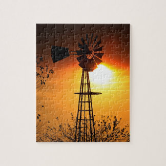 Quebra-cabeça Kansas Sunset com silhueta de fazenda para moinho