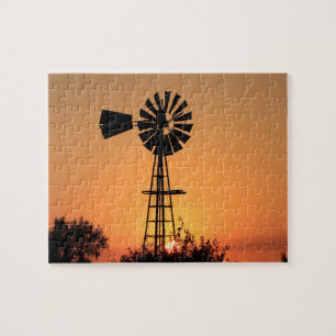 Quebra-cabeça Kansas Sunset com silhueta de fazenda Windmill