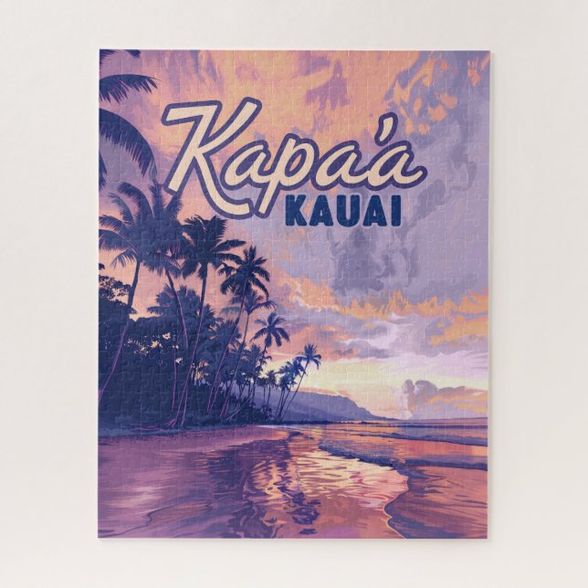Quebra-cabeça Kapaa Kauai Hawaii Beach Sunset Palm Tree Retro (Vertical)