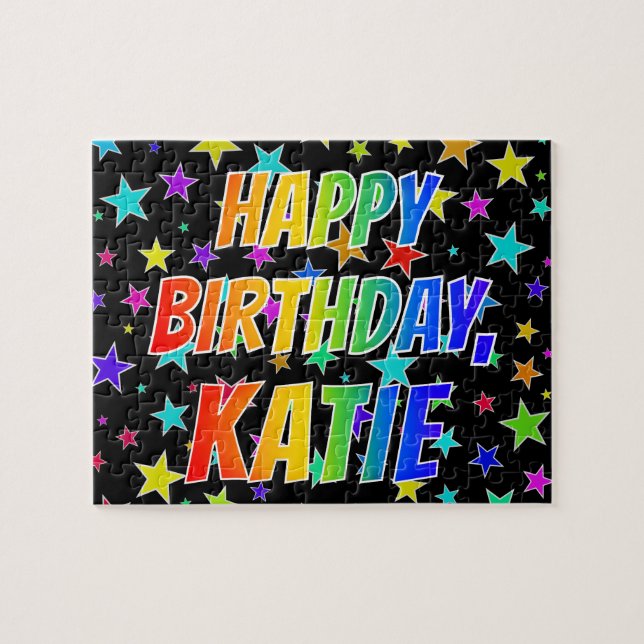 Quebra-cabeça "KATIE" Primeiro Nome, Diversão "FELIZ ANIVERSÁRIO (Horizontal)