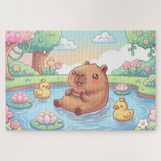 Quebra-cabeça Kawaii capy in a pond