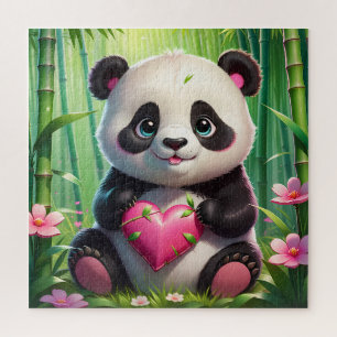 Quebra-cabeça Kawaii Panda Segurando Coração em uma Floresta de