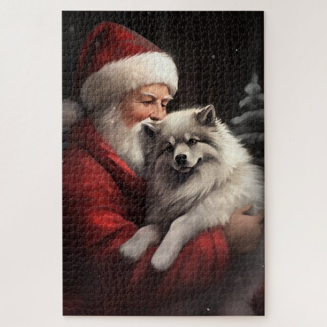 Quebra-cabeça Keeshond com Papai Noel Natal Festivo (Vertical)