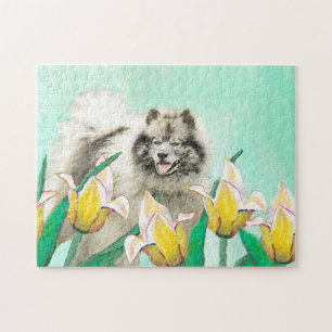 Quebra-cabeça Keeshond em Tulips pintando lindas artes caninas o