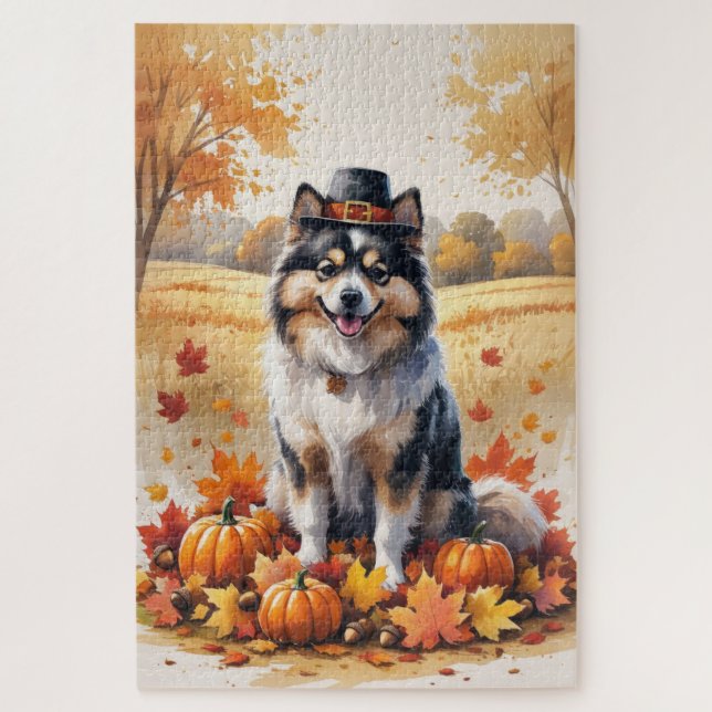 Quebra-cabeça Keeshond Entre Folhas de Outono Arte de Ação de Gr (Vertical)