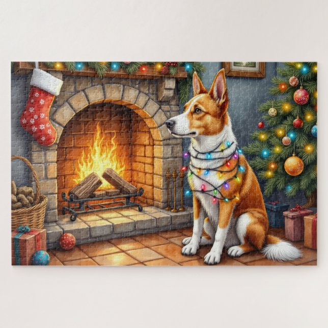 Quebra-cabeça Kelpie Australiano em Lareira com Luzes de Natal (Horizontal)
