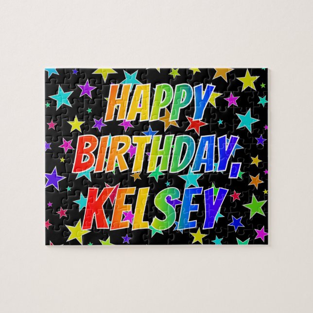 Quebra-cabeça "KELSEY" Primeiro Nome, Diversão "FELIZ ANIVERSÁRI (Horizontal)