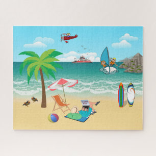 Quebra-cabeça Kids Sailing, Mom Sun Tanning - Fun Beach Vacation