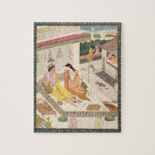 Quebra-cabeça Krishna e Radha em uma cama em um palácio do