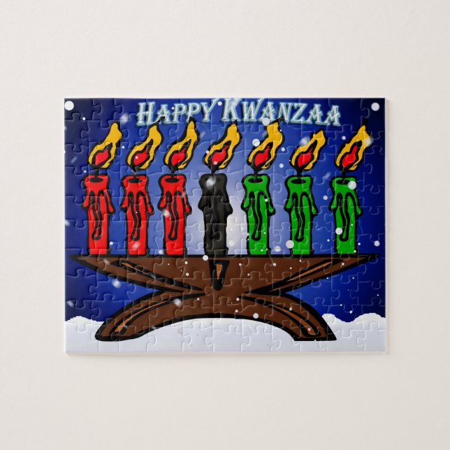 Quebra-cabeça Kwanzaa Candle Kinara com Neve e Saudação (Horizontal)
