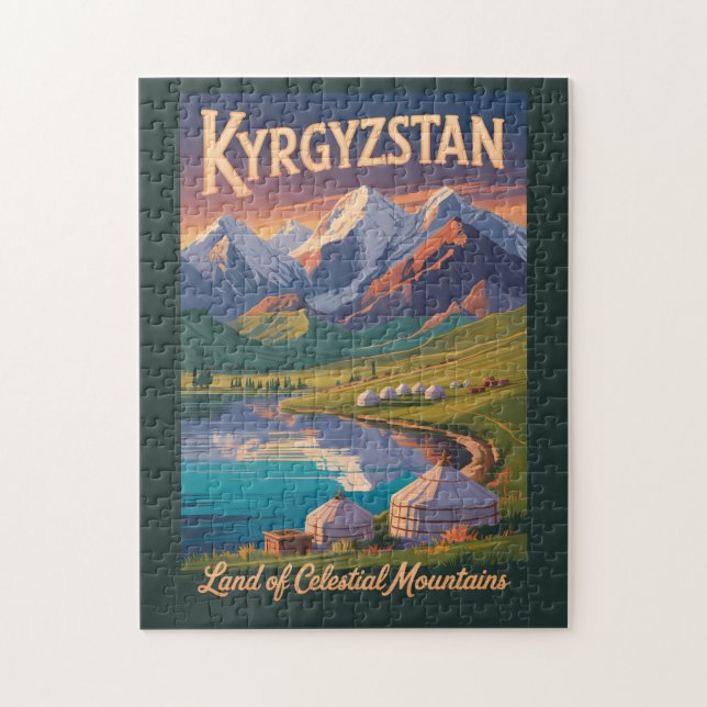 Quebra-cabeça Kyrgyzstan Mountains Illustration Travel Art Vinta (Vertical)