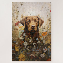 Quebra-cabeça Labrador chocolate e flores silvestres