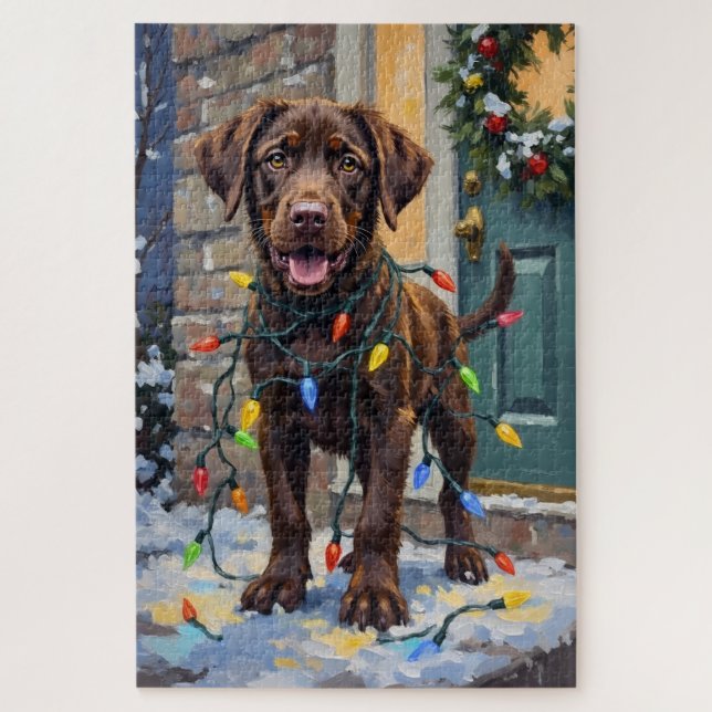 Quebra-cabeça Labrador Chocolate Enroscado em Luzes de Natal (Vertical)