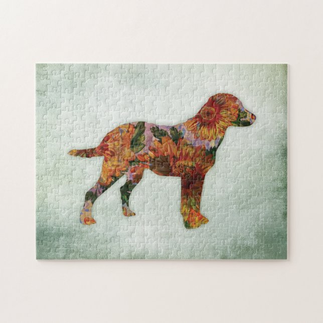 Quebra-cabeça Labrador Dog Floral Sobre Verde (Horizontal)