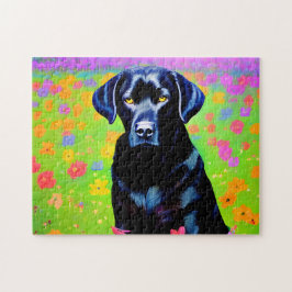 Quebra-cabeça Labrador negro sentado num campo de flores