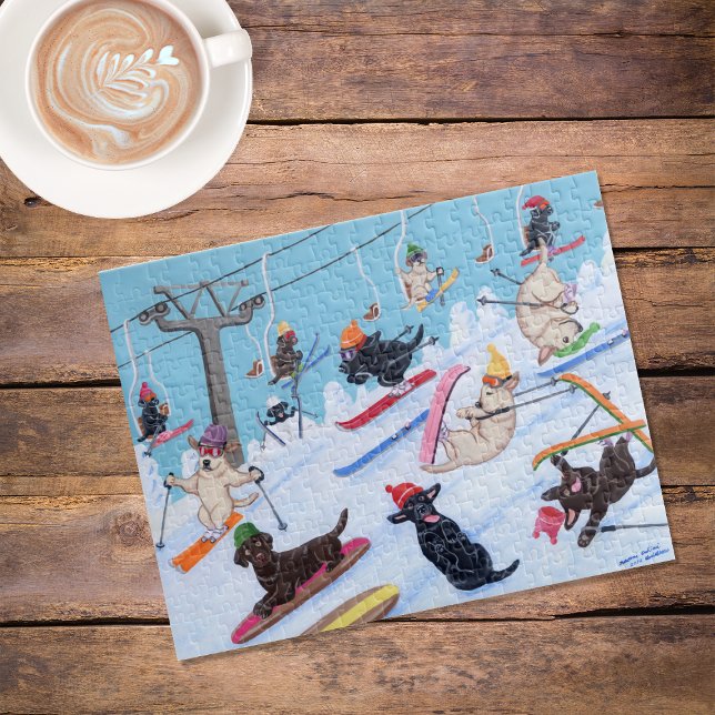 Quebra-cabeça Labradores de esqui de inverno (Winter Fun Skiing Labradors Jigsaw Puzzle featuring Labradors in action at the winter resort.)