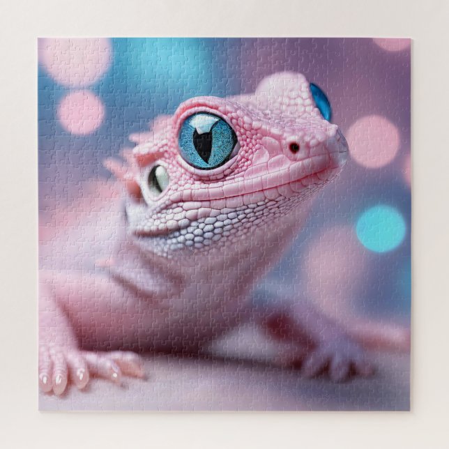 Quebra-cabeça Lagarto Rosa Bonito com Olhos Azuis Grandes (Vertical)