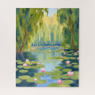 Quebra-cabeça Lago de Flor de Lótus Natureza em Aquarela Verde