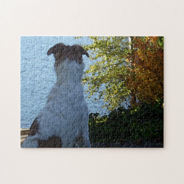 Quebra-cabeça Lago de Outono e Borzoi (Horizontal)