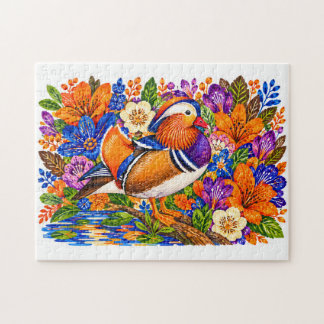 Quebra-cabeça Lago de Pato Mandarin Flores Coloridas de Lirios A