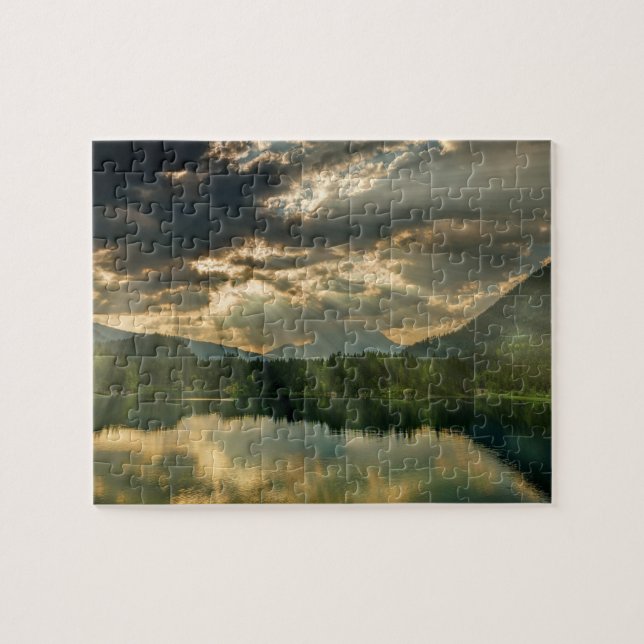 Quebra-cabeça Lago Paisagem, Montanhas, Reflexos e Céu (Horizontal)