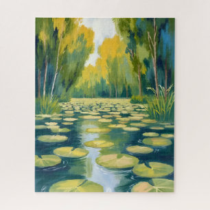 Quebra-cabeça Lagoa de Folhas de Lírio Natureza em Aquarela Ve