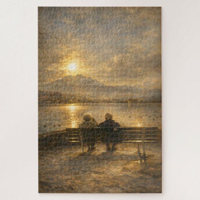 Quebra-cabeça Lake Lucerne Switzerland Couple Sunset Art Puzzle (Vertical)