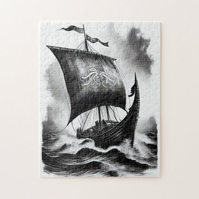 Quebra-cabeça Lápis de tinta aquarela do navio dragão Viking (Vertical)