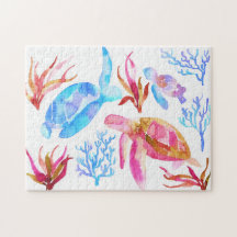 Laranja e Blue Watercolor Tartarugas Corais