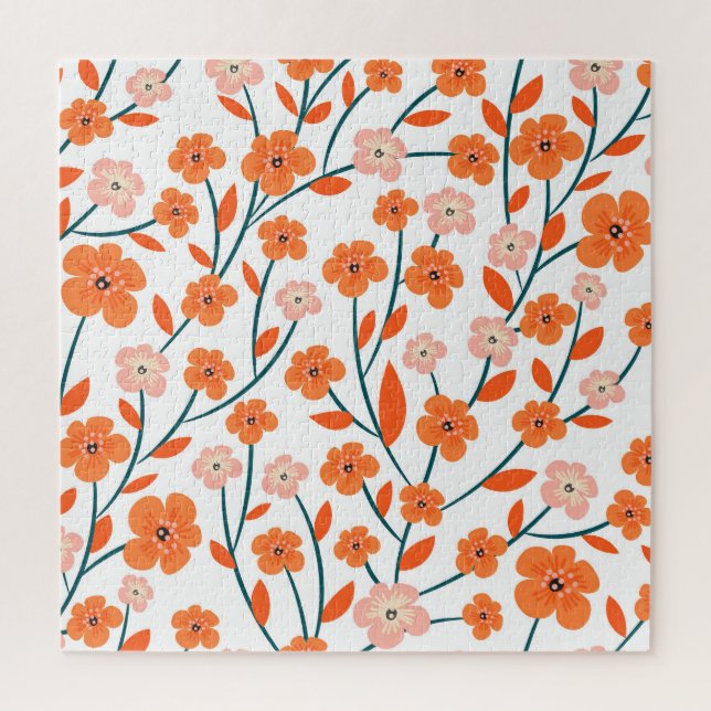 Quebra-cabeça Laranja Floral Pastel Branco Sem Costura (Vertical)