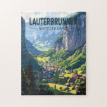 Quebra-cabeça Lauterbrunnen Suiça Art Vintage<br><div class="desc">Lauterbrunnen retro vetor viagem design. Colocado num vale com penhascos rochosos e as rugas cataratas de Staubbach.</div>