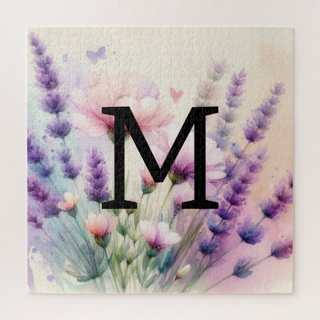 Quebra-cabeça Lavanda púrpura cor-de-rosa com monograma floral (Vertical)