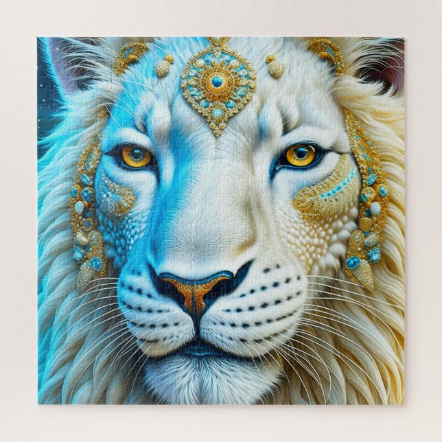 Quebra-cabeça Leão Majestoso Branco e Dourado   (Vertical)