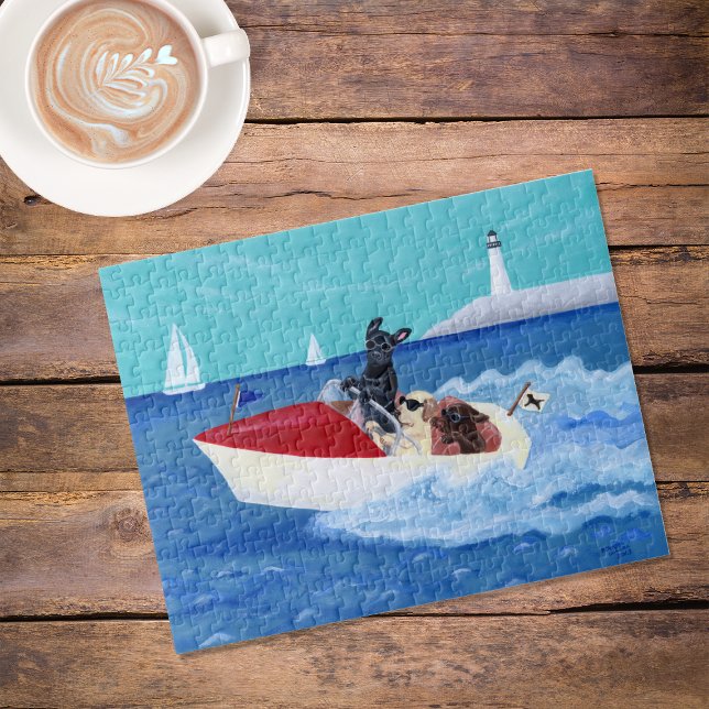 Quebra-cabeça Legal pintura de Labradores de Verão (Cool Summer Labradors Painting Jigsaw Puzzle featuring Labs enjoying boat ride on the sea. )