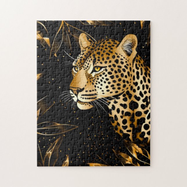 Quebra-cabeça Leopardo Cheetah Black Jungle Safari Folhas (Vertical)